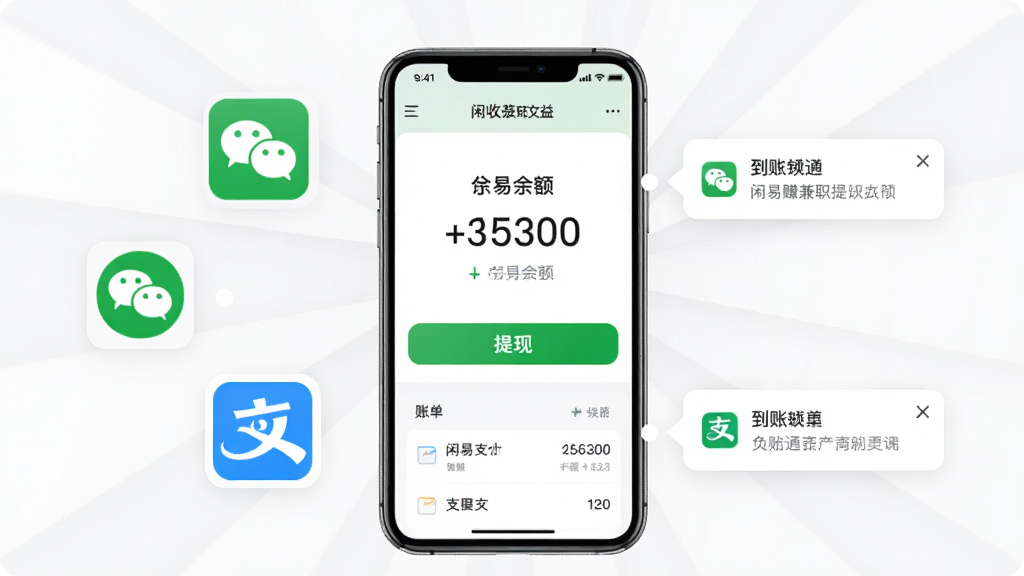 闲易赚兼职收益提现页面,画面中央为手机屏幕显示余额数字与提现按钮,周围环绕微信支付图标、支付宝图标与到账通知气泡,布局采用中心辐射式构图,风格为简约商务风,细节包括金额数字、绿色提现按钮、账单列表,画质高清,干净,无多余元素