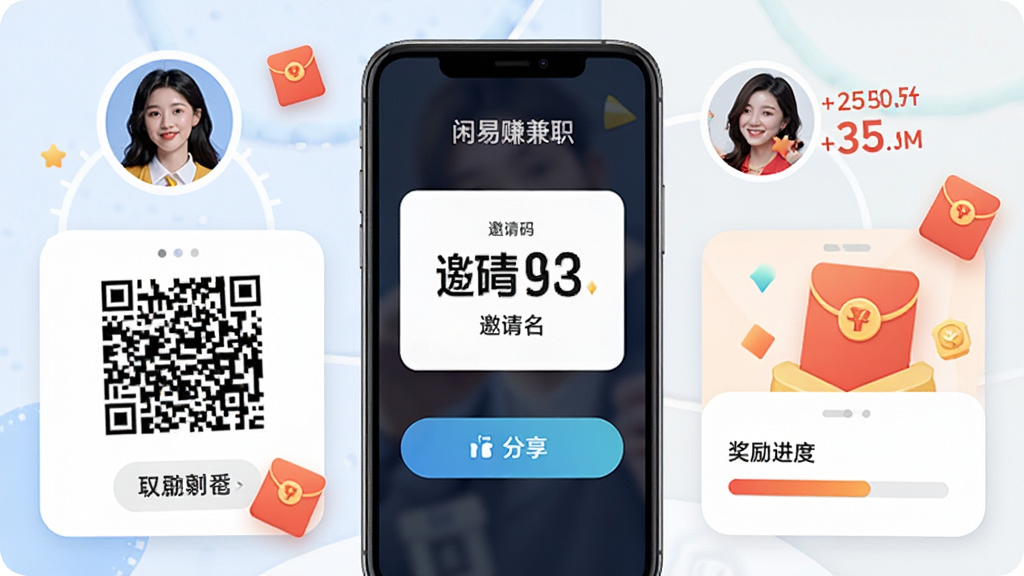 闲易赚兼职邀请好友页面,画面中央为手机屏幕显示邀请码与分享按钮,周围环绕好友头像、红包图标与奖励数字,布局采用卡片式构图,风格为活泼社交风,细节包括二维码、复制按钮、奖励进度条,画质高清,干净,无多余元素