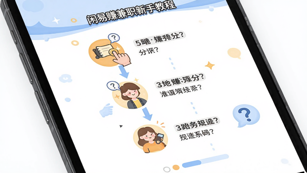 闲易赚兼职新手教程页面,画面主体为手机屏幕展示分步引导界面,每一步配有图标与文字说明,布局采用纵向步骤条,风格为友好插画风,细节包括手指点击图标、问号提示、进度圆点,画质高清,干净,无多余元素