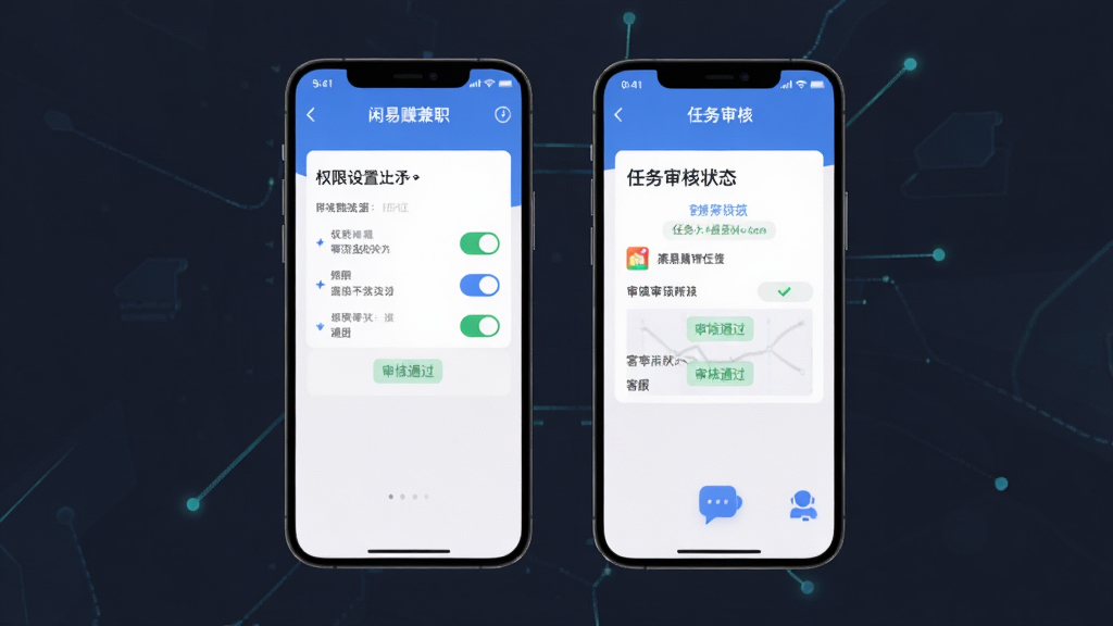 闲易赚兼职移动端操作界面与安全设置提示,画面主体为手机屏幕展示权限设置页面与任务审核状态,布局采用左右分栏,风格为扁平化科技风,细节包括权限开关、审核通过标签、客服图标,画质高清,干净,无多余元素
