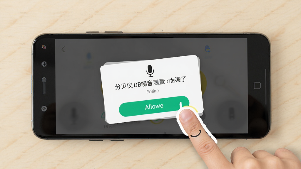 分贝仪DB噪音测量新手操作示意图,一部安卓手机平放在桌面上,屏幕显示麦克风权限弹窗和允许按钮,旁边有手指点击的示意手势,背景为简洁的浅色桌面,布局以上帝视角展示手机屏幕,风格为教程图解,细节包含权限弹窗文字、按钮高亮、手势线条,画质清晰,干净,无多余元素。