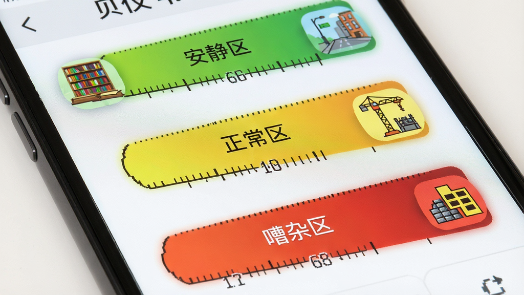 分贝仪DB噪音测量噪音等级参考界面,手机屏幕显示彩色分贝等级条,从绿色安静区过渡到黄色正常区再到红色嘈杂区,每个区间旁配有场景小图标如图书馆、街道、工地,布局纵向排列,风格为信息图表式UI,细节包含图标细节、颜色渐变、文字标注,画质清晰,干净,无多余元素。
