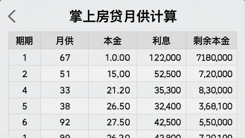掌上房贷月供计算应用界面展示逐月还款明细表格,表头为期数、月供、本金、利息、剩余本金,表格数据清晰排列,背景为浅灰色,文字为深黑色,顶部有“掌上房贷月供计算”标题,风格为极简数据风,画质高清,干净无多余元素