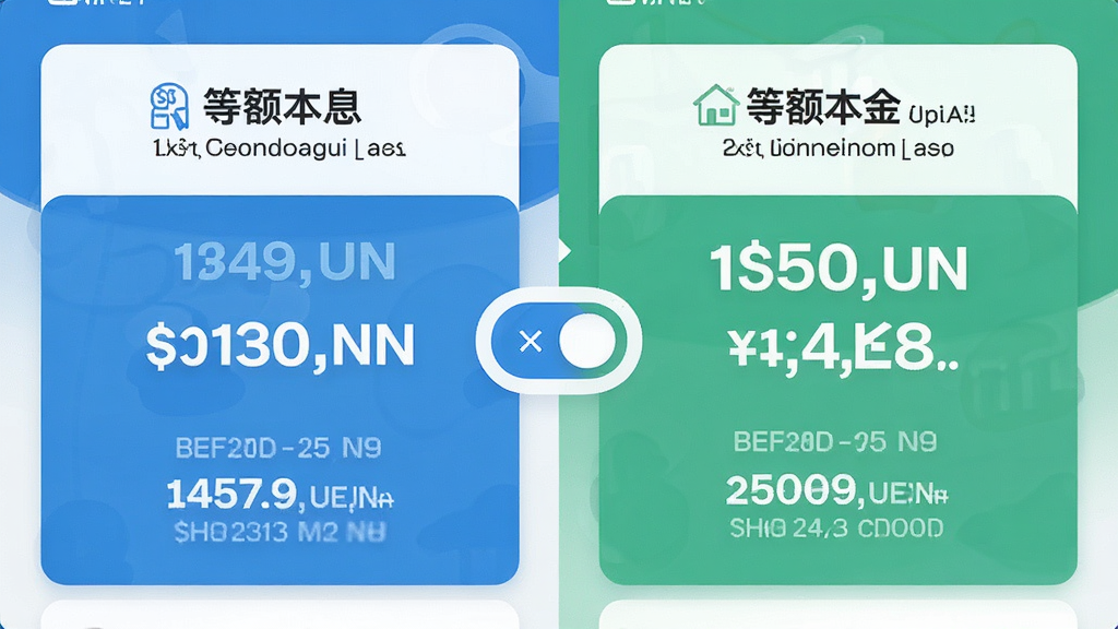 掌上房贷月供计算应用界面左右分栏对比等额本息与等额本金月供结果,左侧显示等额本息每月固定还款金额,右侧显示等额本金递减还款明细,中间有切换按钮,整体风格为清爽卡片式布局,蓝绿配色,数字清晰醒目,画质高清,干净无多余元素