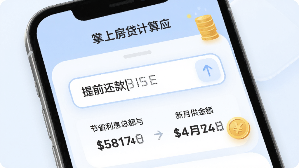 掌上房贷月供计算应用界面展示提前还款测算页面,输入框内填写提前还款金额,下方显示节省利息总额与新月供金额,页面中有向上的箭头图标与金币图标,风格为柔和圆角卡片设计,浅蓝与白色搭配,画质高清,干净无多余元素