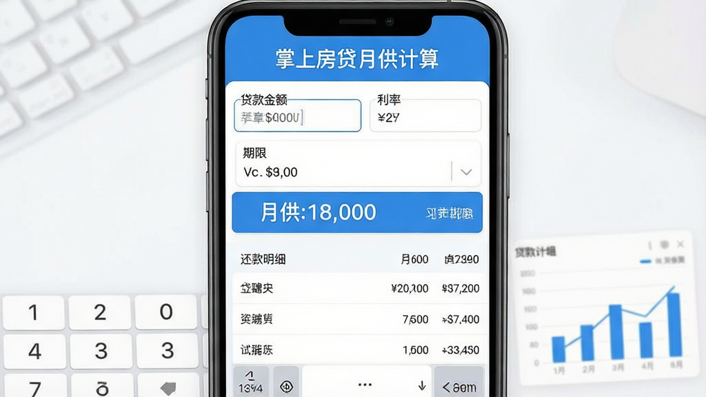 手机屏幕中央展示掌上房贷月供计算应用界面,上方标题文字“掌上房贷月供计算”,中间为贷款金额、利率、期限输入框,下方显示月供金额与还款明细列表,整体布局简洁清晰,风格为现代扁平化设计,蓝白配色,细节包括数字键盘与图表区域,画质高清,干净无多余元素