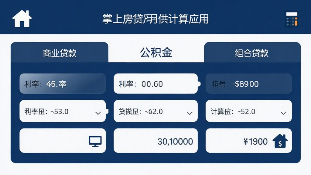掌上房贷月供计算应用界面展示商业贷款、公积金贷款、组合贷款三个选项卡,下方对应不同利率输入框与计算结果区域,界面中有房屋图标与计算器图标点缀,风格为简约商务风,深蓝与白色搭配,布局整齐,画质高清,干净无多余元素
