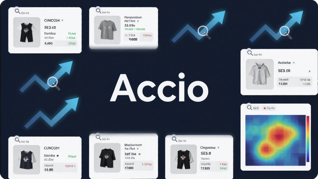 一幅展示Accio智能选品分析界面的图片,画面中心是Accio软件名称“Accio”,周围环绕着商品数据卡片、上升趋势箭头和热力图,布局采用网格排列,风格偏向商务科技,细节包含放大镜图标与数据标签,画质清晰,画面干净,无多余元素