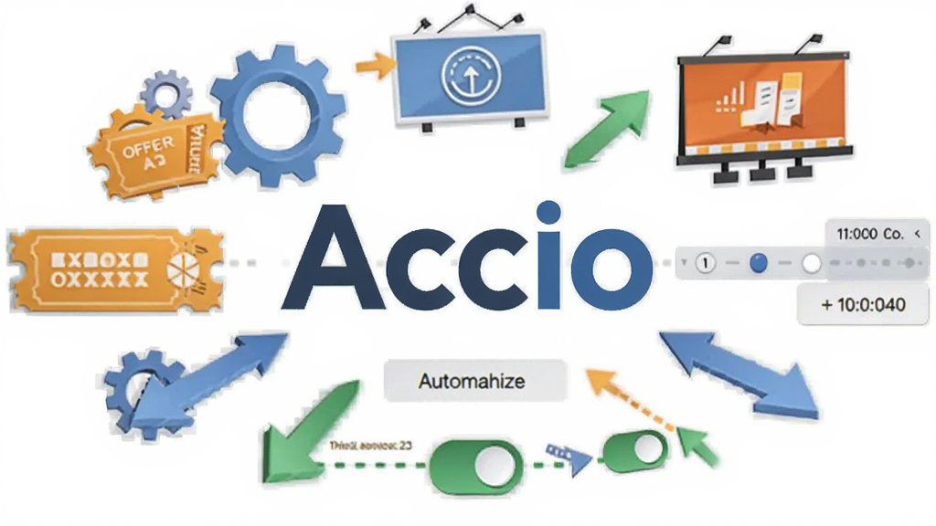 一幅展示Accio自动化营销工具界面的图片,画面中央是Accio软件名称“Accio”,周围环绕着齿轮、优惠券、广告牌和自动流程箭头,布局采用中心放射状,风格简洁明快,细节包含时间轴与开关按钮,画质清晰,画面干净,无多余元素