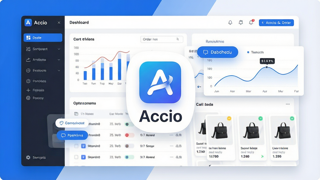 一张展示Accio软件主界面的图片,画面中央是Accio的应用图标与名称“Accio”,周围环绕着电商数据图表、订单列表、商品卡片等元素,主体位于画面中心,布局采用左右分栏结构,左侧为功能导航栏,右侧为数据看板,整体风格现代简约,科技蓝与白色为主色调,细节包含悬浮的操作按钮与实时数据曲线,画质清晰,画面干净,无多余元素