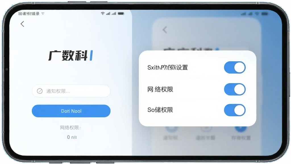 手机屏幕显示“广数科”登录界面与权限设置弹窗,背景为简洁的白色与浅蓝色渐变,界面中有通知权限、网络权限、存储权限三个开关按钮,风格清新简约,画质清晰,构图规整,无多余装饰