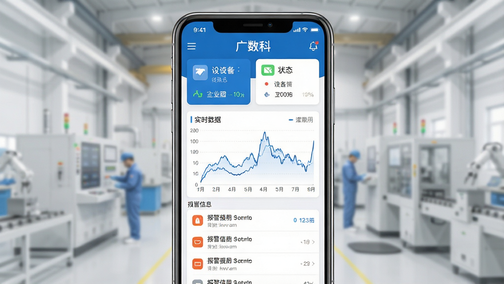 手机屏幕中央显示“广数科”应用主界面,上方为设备状态卡片,中部为实时数据曲线图,下方为报警信息列表,背景为浅灰色工业车间虚化场景,整体采用扁平化商务风格,蓝白配色,界面清晰干净,细节丰富,画质高清,无多余元素