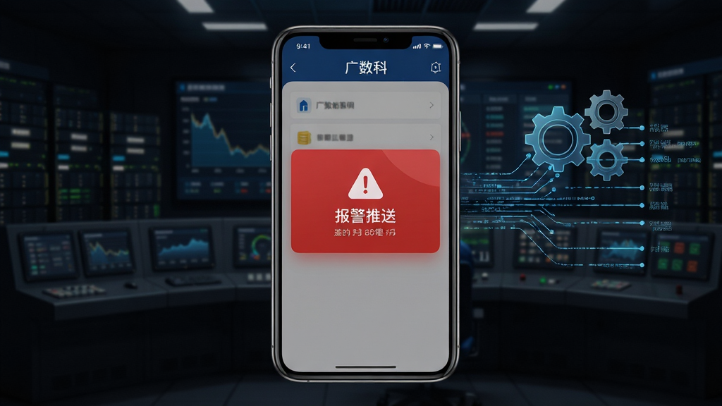 画面展示“广数科”应用中的报警推送界面,手机屏幕弹出红色报警卡片,背景为深色工业控制室,屏幕旁边有齿轮与数据流线条装饰,整体风格科技感强,文字清晰可辨,构图居中,画质锐利,干净整洁