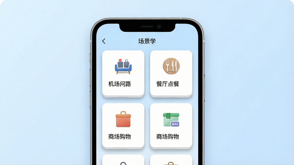 一张展示“场景学”软件主界面的预览图,画面中央是手机屏幕,屏幕内显示着多个生活场景卡片如机场问路、餐厅点餐、商场购物等图标,背景是柔和的浅蓝色渐变,风格清新简约,细节上卡片带有轻微的立体阴影,画质清晰干净,无多余元素