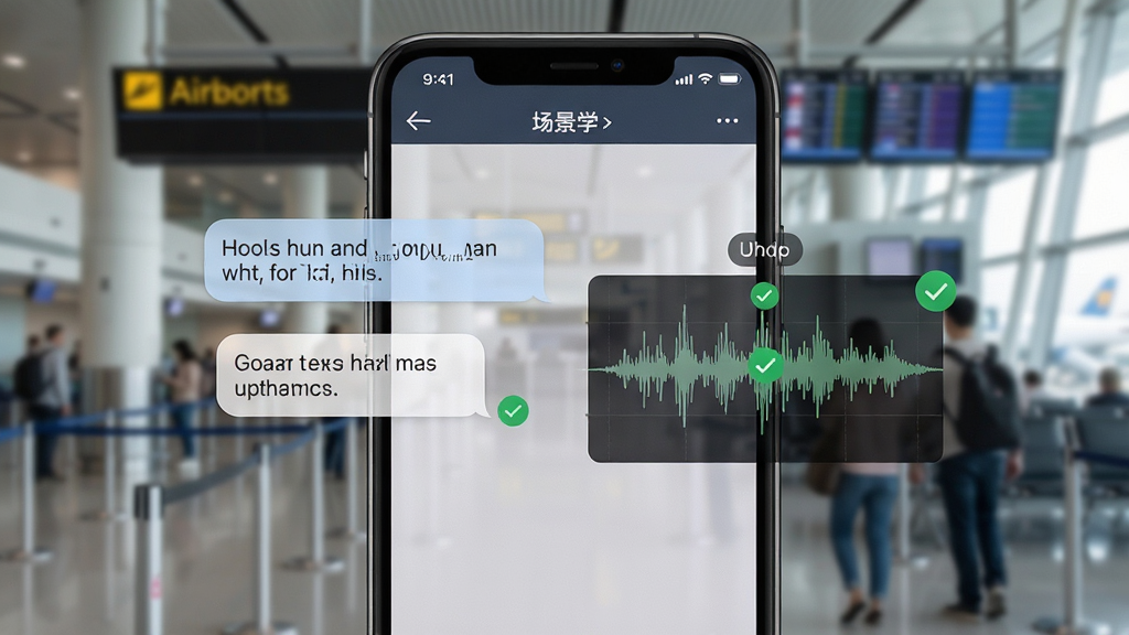 一张“场景学”软件内场景对话练习界面的生图,画面主体是手机屏幕显示机场值机对话界面,对话气泡左侧为英语原声,右侧为用户跟读波形图,背景为登机口场景虚化照片,布局居中,风格写实科技感,细节上波形图带有绿色对勾标识,画质高清,干净,无多余元素