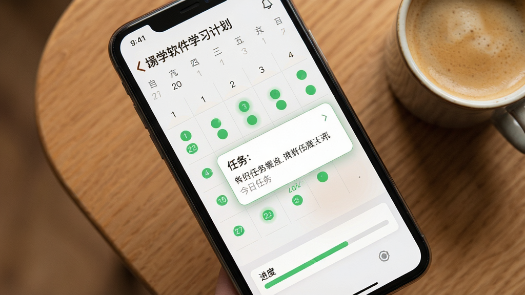 一张“场景学”软件学习计划界面的生图,画面主体是手机屏幕显示日历打卡视图,已完成日期标记绿色圆点,今日任务卡片高亮显示,背景为木质桌面和一杯咖啡,布局为俯视角度,风格温暖生活化,细节上日历下方有进度条,画质清晰,干净,无多余元素