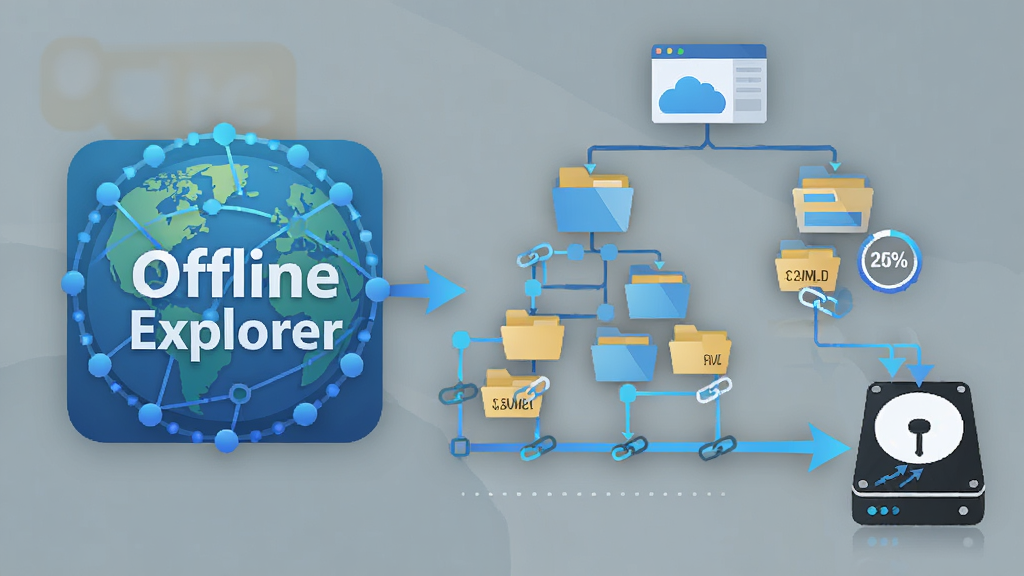 整站抓取功能示意图,主体为Offline Explorer软件图标与地球网络连接视觉元素,布局为软件图标位于左侧,右侧为树状网站结构图向硬盘图标汇聚,排版采用左右对称式构图,风格为扁平化科技风,细节包括蓝色渐变线条、文件夹图标、链接节点、进度百分比数字,画质为高清矢量风格,干净清晰,无多余元素