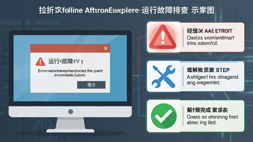 Offline Explorer 运行故障排查示意图,主体为电脑屏幕显示错误提示对话框与解决方案步骤,布局为左侧显示错误弹窗,右侧显示三个解决步骤图标,排版采用左右对比式布局,风格为技术教程风,细节包括红色警告图标、蓝色修复工具图标、绿色完成勾选、文字标注框,画质为高清扁平插画风格,干净清晰,无多余元素