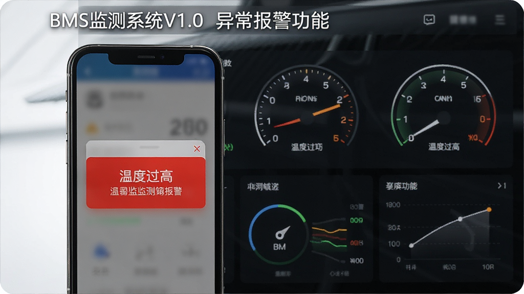 һ��չʾBMS���ϵͳV1.0�쳣�������ܵ�ͼƬ���������ֻ���Ļ������ɫ������ʾ����ʾ���¶ȹ��ߡ�������Ϣ����������ɫ�Ǳ��̽��棬������ͻ����ʾ���밲ȫ�ԣ�����������