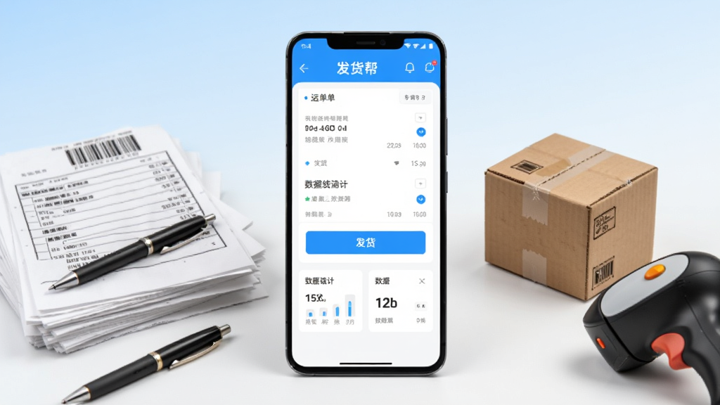 画面主体是一部竖屏安卓手机,手机屏幕中显示发货帮应用主界面,界面内包含运单列表、发货按钮与数据统计卡片,手机左侧摆放一叠纸质发货单据与一支签字笔,右侧放着一个小型物流纸箱与扫码枪。画面采用居中构图,手机位于画面中央略微倾斜,四周留白充足。整体风格为干净的产品展示风,背景使用浅蓝到白色的渐变,细节上突出手机屏幕的UI元素与纸箱的瓦楞纹理。画质清晰锐利,光线柔和均匀,画面干净无多余元素,适合作为软件下载站配图。