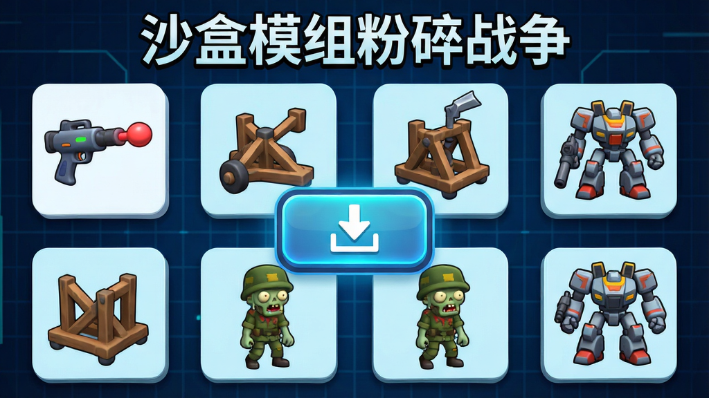 һ����ͨ����3Dģ��ѡ����棬�����������Ŷ������ģ�鿨Ƭ���ֱ�չʾ�ż���ǹ��Ͷʯ������ʬʿ���ͻ���սʿ��ͼ�꣬����������ɫ�ĿƼ������񣬽���������һ����������ذ�ť�����������ִ������������ɾ������涥�����С�ɳ��ģ�����ս�����ı�������