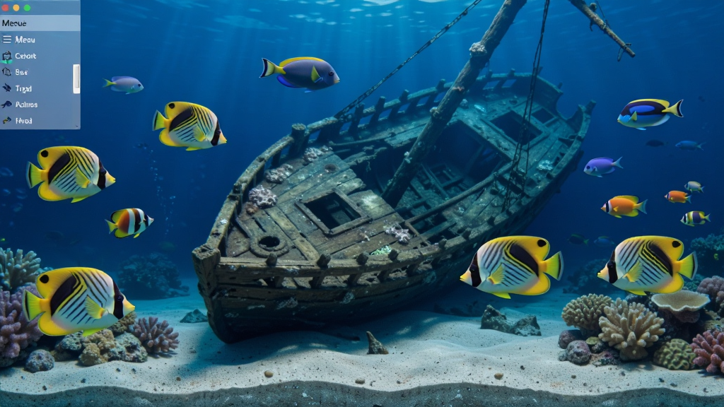 鱼缸屏保软件界面截图,画面展示深蓝色海底场景,中央有沉船残骸,周围游动着多条黄黑相间的热带鱼,底部有沙石和珊瑚,左上角有半透明软件菜单栏,整体风格写实,画质清晰,干净无多余元素