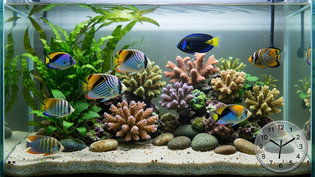 一张高清电脑桌面截图,屏幕中央是鱼缸屏保运行画面,画面中有多条色彩鲜艳的热带鱼在绿色水草和彩色珊瑚间游动,水底有细沙和鹅卵石,画面右下角有半透明时钟显示,整体风格写实自然,光线柔和,画质清晰干净,无多余图标和文字,适合作为软件下载站预览图