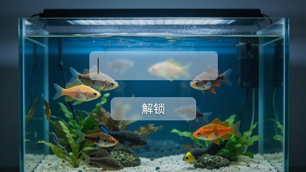 鱼缸屏保密码解锁界面截图,画面中央是鱼缸动态背景,背景上方有一个半透明的密码输入框,输入框下方有“解锁”按钮,整体风格简洁,画质清晰,无多余元素