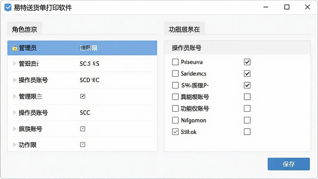 易特送货单打印软件用户权限管理界面,主体为角色列表与权限勾选面板,布局左右对称,排版清晰,风格为安全管控风,细节包含管理员与操作员账号、功能权限复选框与保存按钮,画质清晰干净,无多余元素