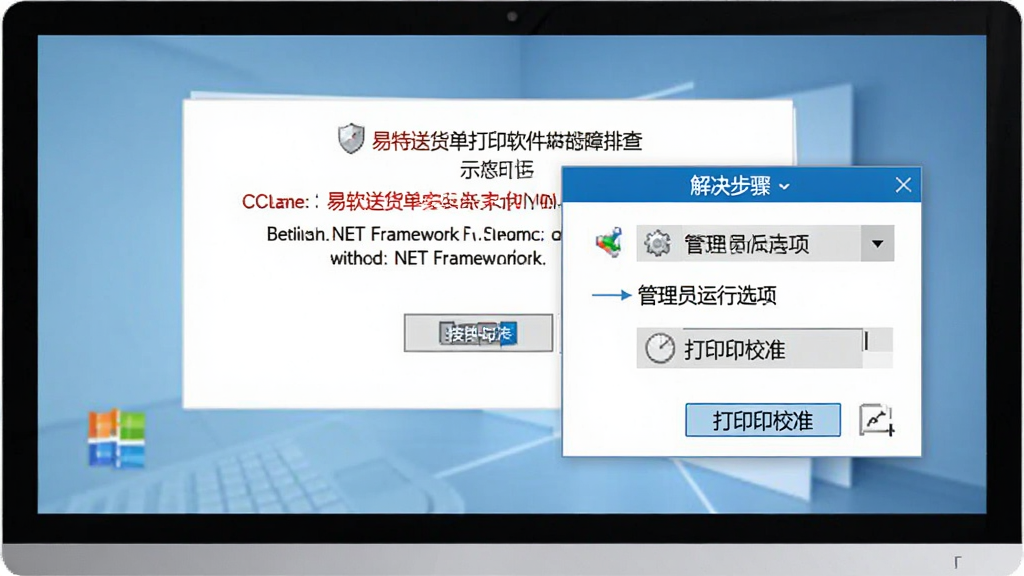 易特送货单打印软件故障排查示意图,主体为电脑屏幕显示错误提示与解决步骤弹窗,布局居中,排版简洁,风格为技术指导风,细节包含.NET Framework安装提示、管理员运行选项与打印机校准按钮,画质清晰干净,无多余元素