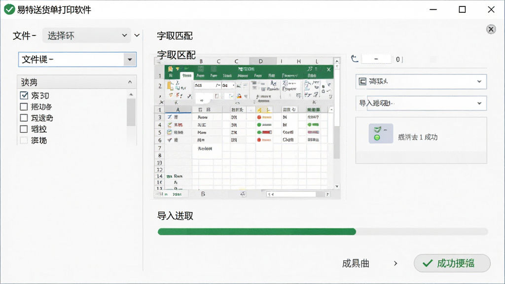 易特送货单打印软件数据导入窗口,主体为文件选择与字段匹配界面,布局左右分栏,排版清晰,风格为简约实用风,细节包含Excel表格预览、导入进度条与成功提示标识,画质清晰干净,无多余元素