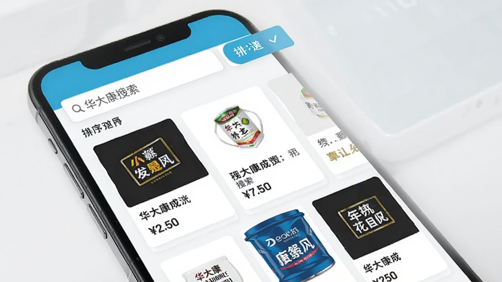 华大康成搜索页面展示,手机屏幕内显示搜索框和搜索结果列表,搜索结果以卡片形式排列,包含商品图片、名称和价格,顶部有排序筛选按钮,整体风格简洁,配色清爽,画质清晰,无多余元素