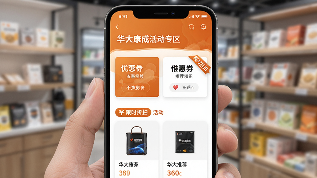 华大康成优惠活动专区展示,手机屏幕内呈现活动页面,包含优惠券卡片、限时折扣标签和活动商品推荐位,配色以暖橙色和白色为主,突出促销氛围,排版清晰,画质干净,无杂乱元素