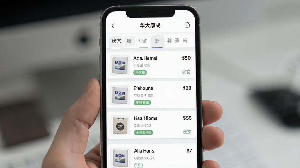 华大康成订单管理界面展示,手机屏幕内呈现订单列表页面,每条订单显示商品缩略图、名称、价格和状态标签,顶部有状态筛选标签栏,整体布局规整,配色以白色和浅灰色为主,风格简约,画质清晰,无多余装饰