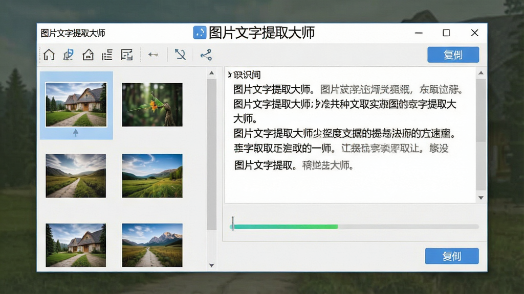 一张展示图片文字提取大师软件界面的预览图,画面中央是软件主窗口,左侧显示导入的图片缩略图,右侧显示识别出的文字内容,窗口顶部有“图片文字提取大师”的标题文字,整体布局清晰,排版整洁,风格为现代简约的软件界面设计,细节包括工具栏图标、识别进度条、复制按钮等,画质清晰干净,无多余元素,适合作为软件介绍配图
