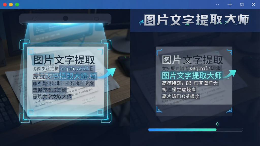 一张展示图片文字提取大师高精度识别功能的AI生图,画面中一张带有文字的图片正在被扫描,图片上覆盖着识别框和文字提取的动画效果,旁边显示“图片文字提取大师”的文字标识,主体为软件识别过程,布局采用左右分栏,左侧原图右侧识别结果,排版清晰,风格为科技感十足的扁平化设计,细节包括扫描光线、文字高亮、进度指示,画质高清,干净无多余元素