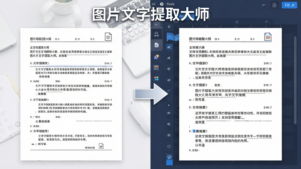 一张展示图片文字提取大师智能排版还原功能的AI生图,画面中左侧是一张排版整齐的文档图片,右侧是软件识别后保留段落格式的文字结果,中间有箭头表示转换过程,顶部有“图片文字提取大师”的文字,主体为排版对比效果,布局左右对照,排版清晰,风格为简洁办公风格,细节包括段落标记、缩进线、格式图标,画质高清,干净无多余元素