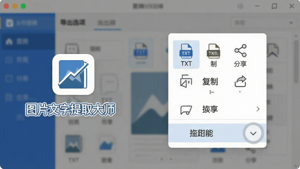 一张展示图片文字提取大师多格式导出功能的AI生图,画面中软件界面显示导出选项菜单,包括TXT、复制、分享等图标,旁边有“图片文字提取大师”的标识,主体为导出功能界面,布局采用弹出菜单式,排版简洁,风格为现代软件UI设计,细节包括菜单项、图标、选中状态,画质清晰,干净无多余元素