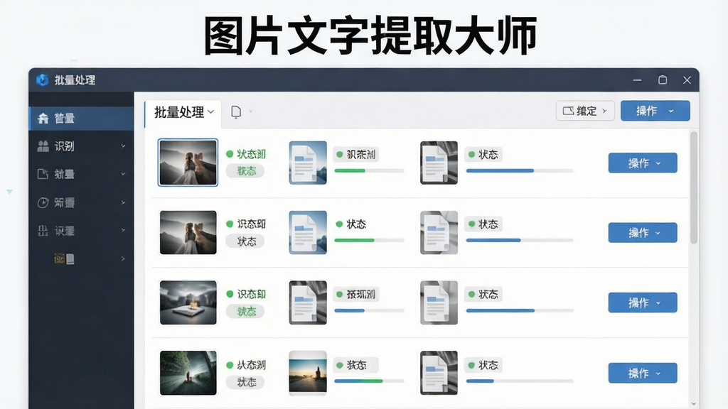 一张展示图片文字提取大师批量处理功能的AI生图,画面中软件界面显示多个图片文件列表,每个文件旁边有识别状态和进度条,顶部有“图片文字提取大师”的标题,主体为批量处理界面,布局采用列表式排列,排版整齐,风格为商务简约风格,细节包括文件图标、状态标签、操作按钮,画质清晰,干净无多余元素