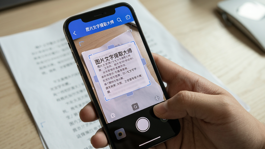 一张展示图片文字提取大师移动端使用场景的AI生图,画面中一部智能手机正在拍摄纸质文档,手机屏幕上显示“图片文字提取大师”的应用界面和识别出的文字,主体为移动端拍摄识别场景,布局采用手持手机视角,排版突出手机屏幕内容,风格为生活化科技风格,细节包括文档纸张、手机摄像头、识别框、文字结果,画质清晰,干净无多余元素
