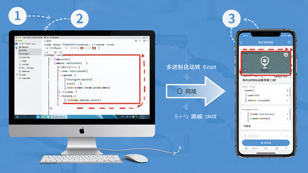 多进制自动转换工具新手操作示意图,画面左侧为电脑端界面截图,右侧为手机端界面截图,中间用箭头连接展示数据同步,风格为教程演示风,细节包含步骤编号圆圈、重点区域红色边框标注,画质清晰,干净无多余元素