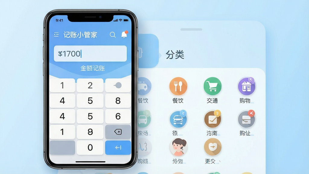 一张手机界面展示图,画面主体是一部竖屏手机,屏幕中显示记账小管家App的快速记账页面,页面上有数字键盘、金额输入框、分类图标网格(餐饮、交通、购物等),背景为浅蓝色渐变,风格为现代扁平化UI设计,细节包括图标阴影、按钮高光、数字清晰,画质清晰,画面干净,无多余元素