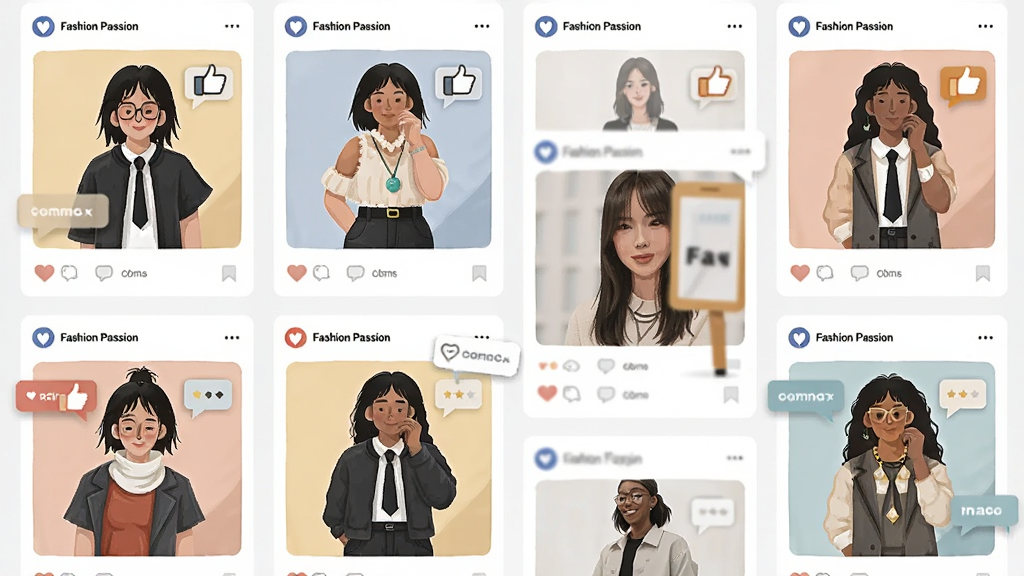 一个时尚社区场景插画,多位不同风格的用户在Fashion Passion社区中分享穿搭照片,画面中有点赞图标、评论气泡和话题标签,布局为网格状排列的用户卡片,风格为扁平化社交插画,细节包括人物表情、服装差异、手机界面元素,画质清晰,干净,无多余元素,图片中文字为