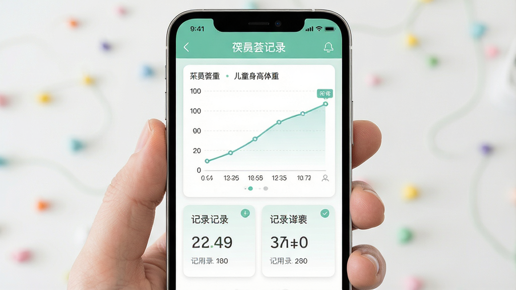 一张展示葆婴荟成长数据记录功能的界面图,画面主体为手机屏幕,屏幕上呈现儿童身高体重曲线图和记录卡片,布局采用上下分层设计,排版整齐,风格为清新健康类App界面,细节包含时间轴和数值标签,画质高清,干净,无多余元素