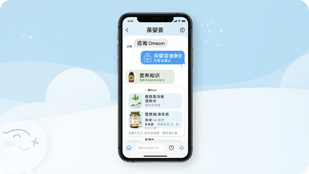 一张展示葆婴荟健康咨询与营养建议功能的场景图,画面中央为手机屏幕,屏幕上显示对话式咨询界面和营养知识卡片,背景为浅蓝色与白色搭配,排版采用卡片式布局,风格亲和专业,细节包含图标和文字