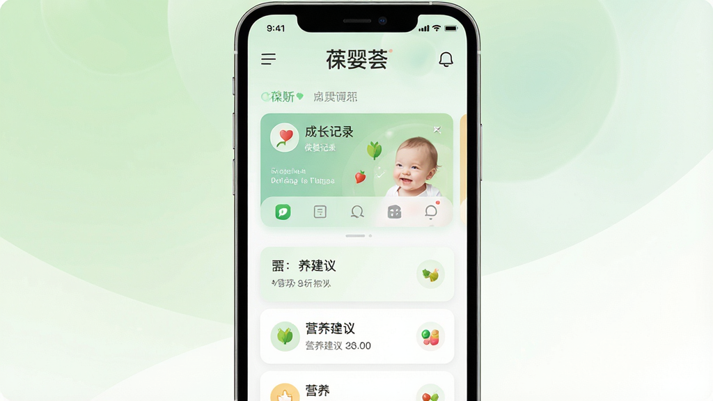 一张展示葆婴荟手机应用界面的场景图,画面中央是一部竖屏智能手机,屏幕上显示葆婴荟应用首页,包含成长记录卡片和营养建议模块,背景为柔和浅绿色与白色渐变,排版简洁清晰,风格现代健康类App视觉,细节包含图标和文字