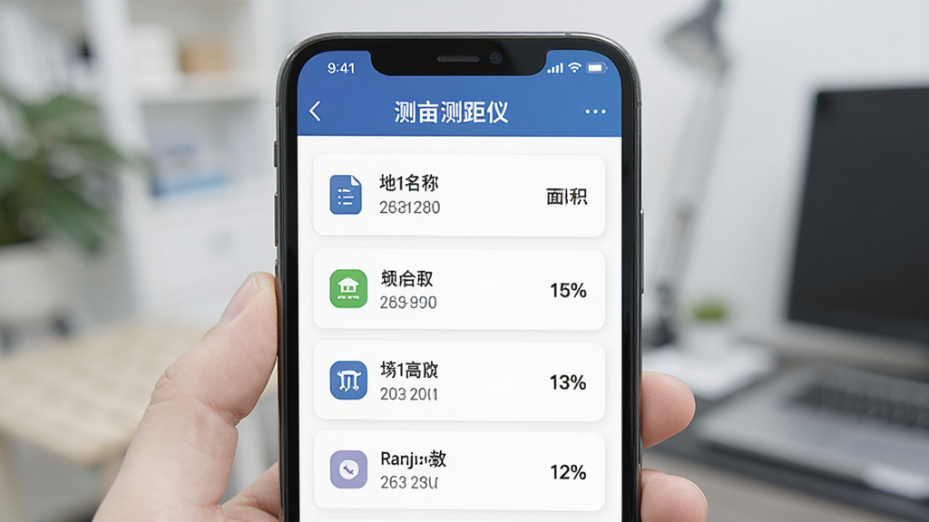 AI生图,主体为手机屏幕显示测量历史列表,列表项包含地块名称和面积数字,屏幕顶部有“测亩测距仪”标题,布局为竖屏应用界面,风格简约商务,细节包含卡片式列表和图标,画质高清,干净,无多余元素