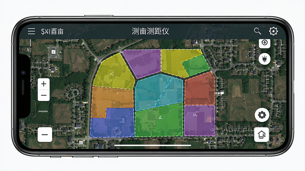 AI生图,主体为手机屏幕显示卫星地图,地图上有多个彩色多边形地块标记,屏幕顶部显示“测亩测距仪”软件名称,布局为手机横屏展示,风格写实,细节包含地图缩放控件和地块颜色区分,画质高清,干净,无多余元素
