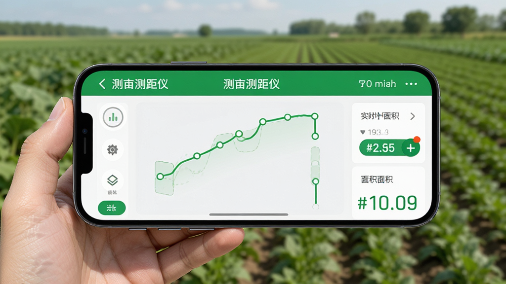 AI生图,主体为手机屏幕显示“测亩测距仪”应用正在测量中,界面有绿色轨迹线和实时面积数字,布局为手持手机户外场景,风格写实,细节包含农田背景和手机阴影,画质高清,干净,无多余元素