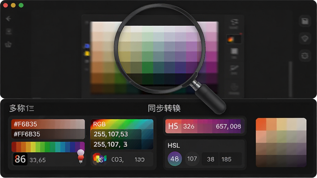 Htmlcolor��������չʾͼ������Ϊȡɫ����ɫ��ת����壬����Ϊ�Ϸ���Ļȡɫ�Ŵ������·����ʽɫ��ͬ����ʾ���Ű�������½ṹ�����Ϊ�Ƽ�����ɫ���棬ϸ�ڰ���ʮ������ɫֵ��#FF6B35����RGB��ֵ��255,107,53����HSL��ֵ�Լ���ɫԤ�����飬���������ɾ��޶���Ԫ��